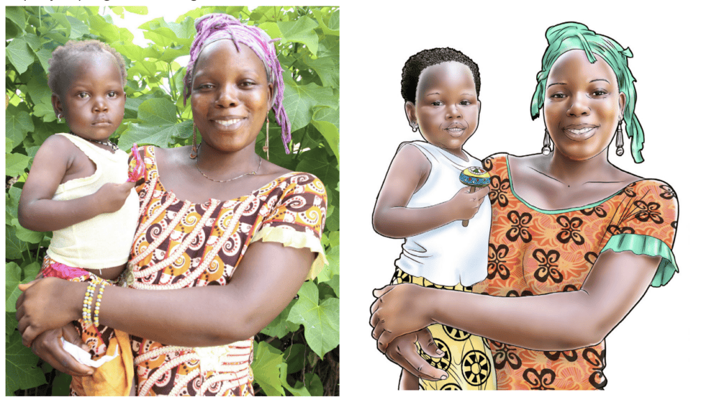 A side by side graphic showing how an image can become an illustraion featuring a woman holding a child.